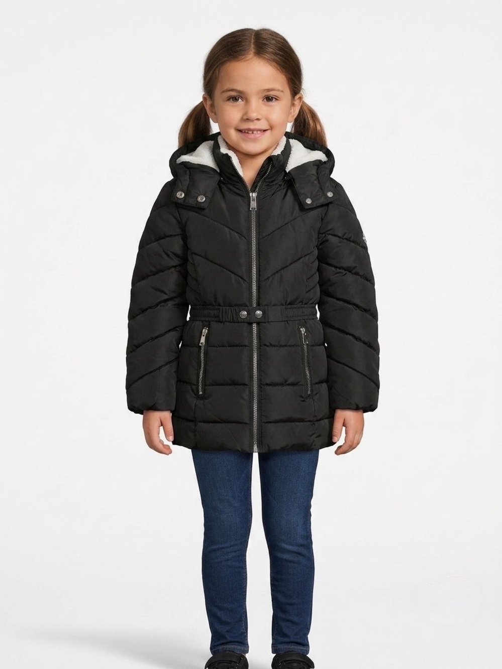 DKNY Cozy Girls Black Hooded Puffer Jacket Coat Sherpa Lined Belted Size 5/6